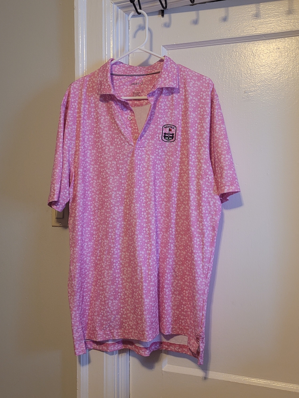 Johnnie O Men's Pink Printed Polo Shirt Lrg Redtail Golfcore Dressy Casual Chic